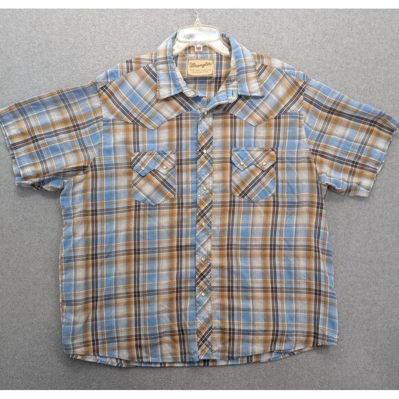 Wrangler Shirt Mens 2XL Blue Brown Plaid Western Pearl Snap Short Sleeve Cowboy - Picture 1 of 8